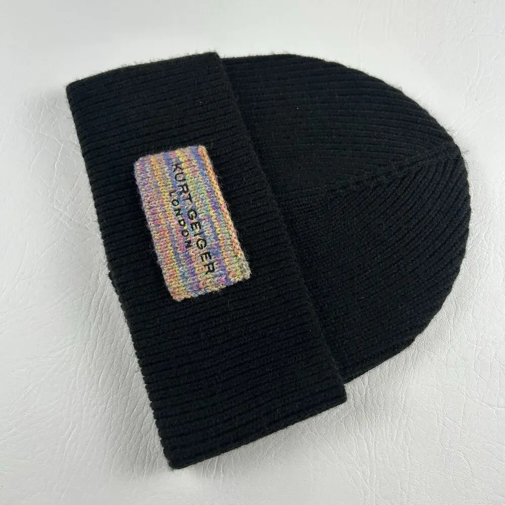 Kurt Geiger London Black Ribbed Knit Beanie Multicolor Logo Patch Cuffed Hat